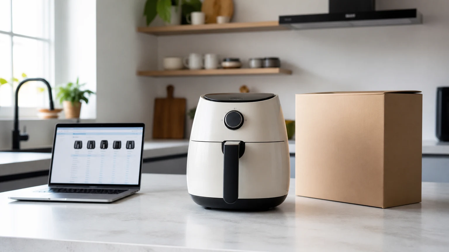 Air fryer sem marca numa bancada com portátil e elementos genéricos de compra online.