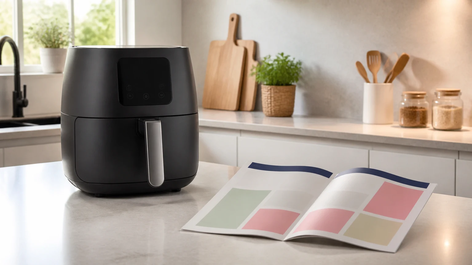 Air fryer sem marca numa bancada com folheto genérico e alternativas de compra sem logótipos.
