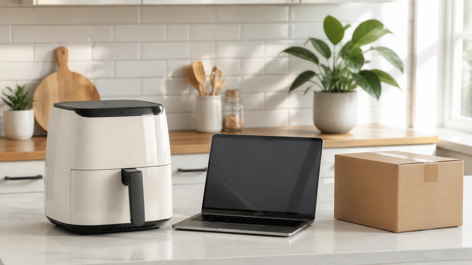 Air fryer sem marca numa bancada com computador e etiqueta genérica de comparação de retalhistas.