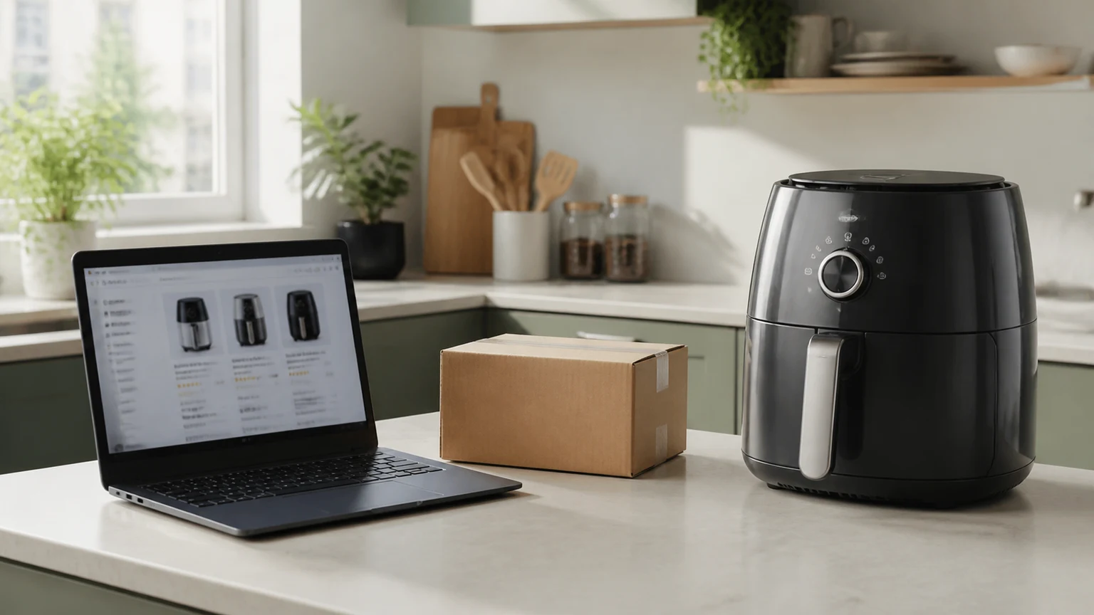 Bancada com air fryer sem marca, portátil e vários canais de compra representados sem logótipos.