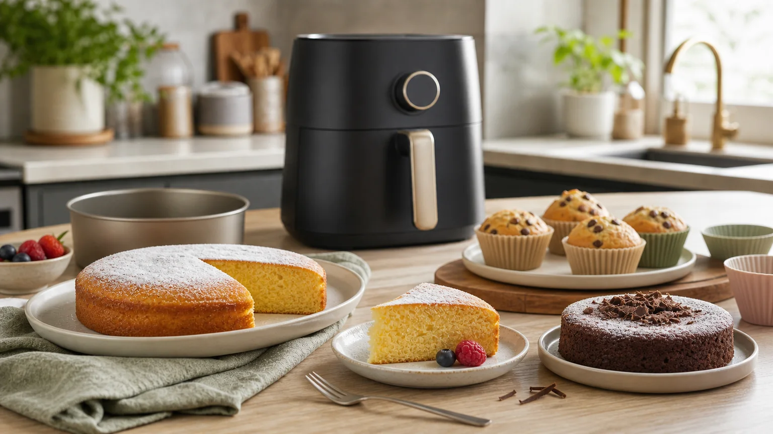Bolo caseiro numa forma pequena ao lado de uma air fryer numa bancada clara.