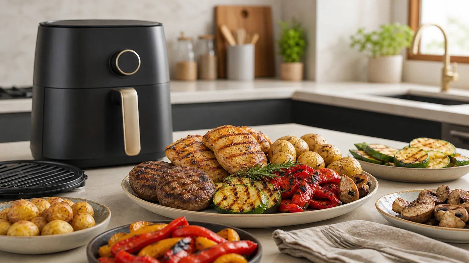 Espetadas e legumes grelhados servidos junto a uma air fryer.