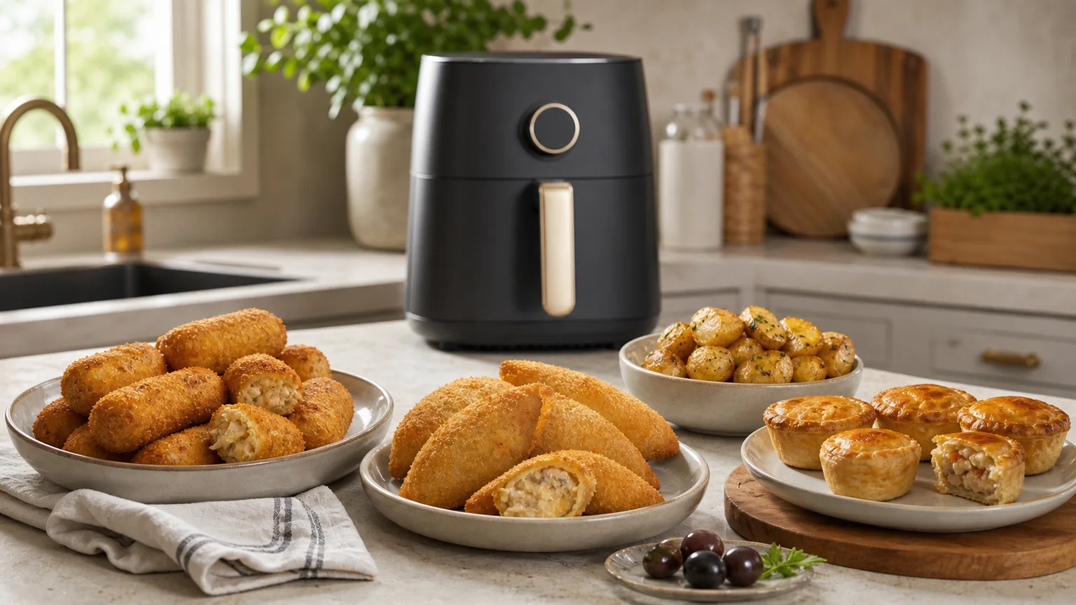 Mesa portuguesa com petiscos caseiros e air fryer ao fundo.